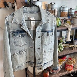 Kut from the Kloth Light Blue Denim Jacket with Leather Logo Patch